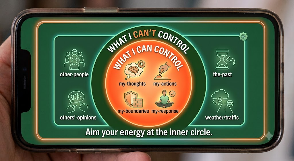 A Control Circle infographic showing two concentric circles on a phone screen. The inner orange circle is labeled What I Can Control and holds my-thoughts, my-actions, my-boundaries, my-response. The outer green ring is labeled What I Can't Control and holds other-people, the-past, weather/traffic, others'-opinions. Caption: Aim your energy at the inner circle.