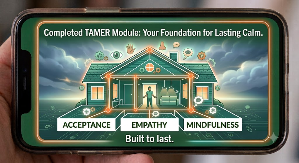 A finished house standing under a clearing storm sky on a phone screen. The three foundation blocks — ACCEPTANCE, EMPATHY, MINDFULNESS — are visible at the base. Caption: Built to last.