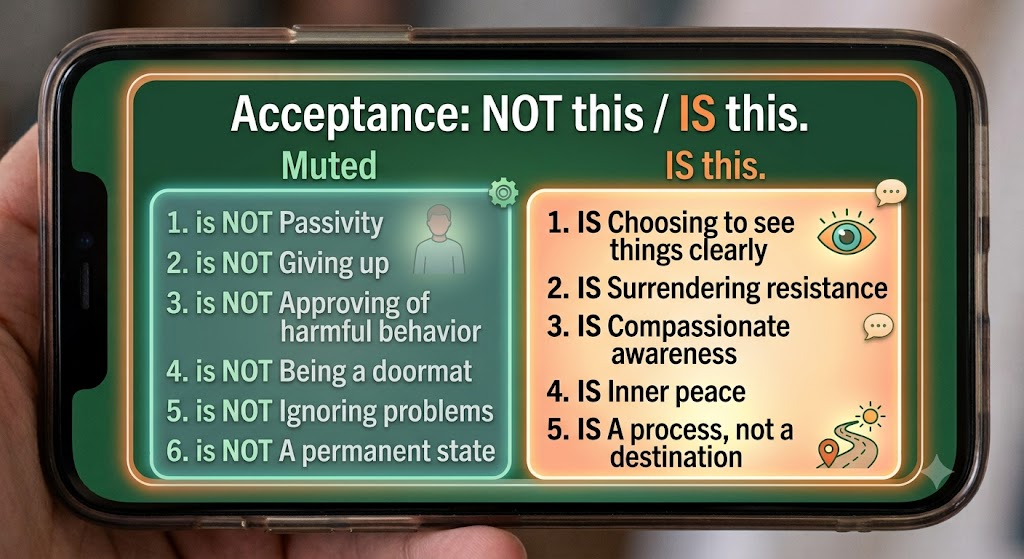 A two-column card on a phone screen titled Acceptance: NOT this / IS this. Left column lists six things acceptance is not; right column lists five things it is.