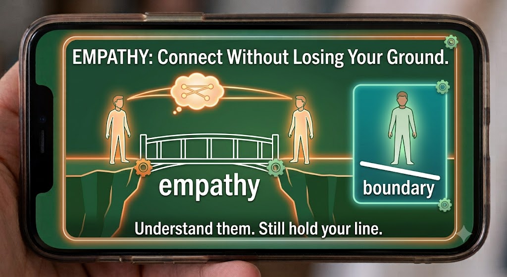 A bridge graphic on a phone screen titled: EMPATHY: Connect Without Losing Your Ground. Two figure-outlines stand on opposite cliffs connected by a bridge labeled empathy. An inset shows a figure standing behind a line labeled boundary. Caption: Understand them. Still hold your line.