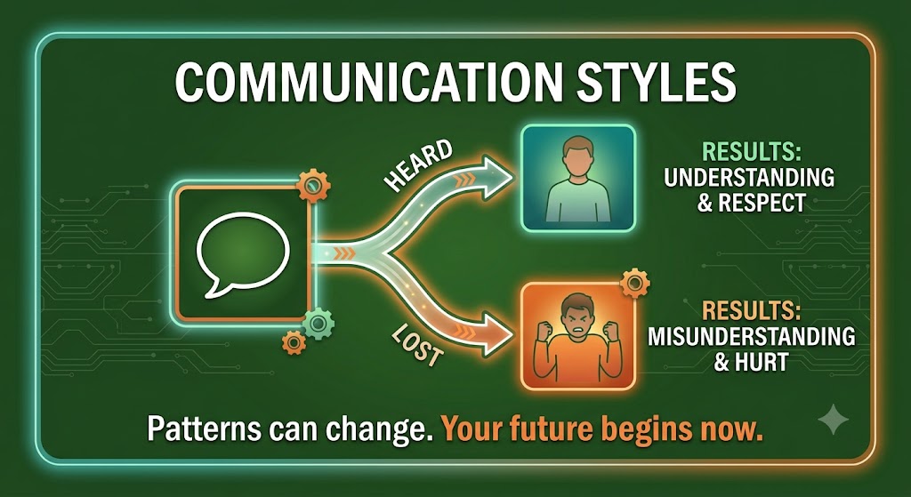 Communication Styles: a speech bubble splits into two arrows — one labeled Heard leading to Understanding and Respect, the other labeled Lost leading to Misunderstanding and Hurt. Caption: Patterns can change. Your future begins now.