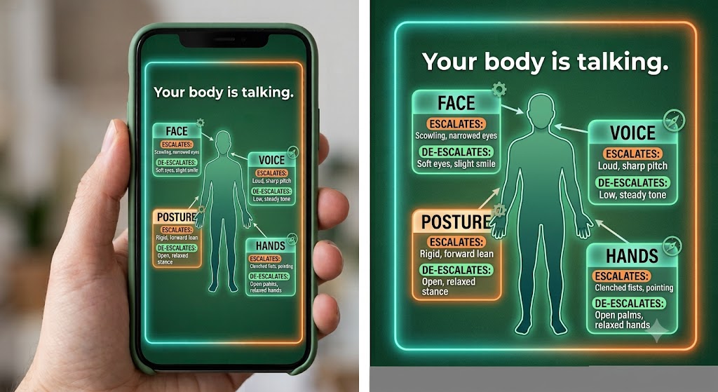 Your body is talking. A body outline with four callout tags: FACE (escalates: scowling, narrowed eyes; de-escalates: soft eyes, slight smile), VOICE (escalates: loud, sharp pitch; de-escalates: low, steady tone), POSTURE (escalates: rigid, forward lean; de-escalates: open, relaxed stance), HANDS (escalates: clenched fists, pointing; de-escalates: open palms, relaxed hands).
