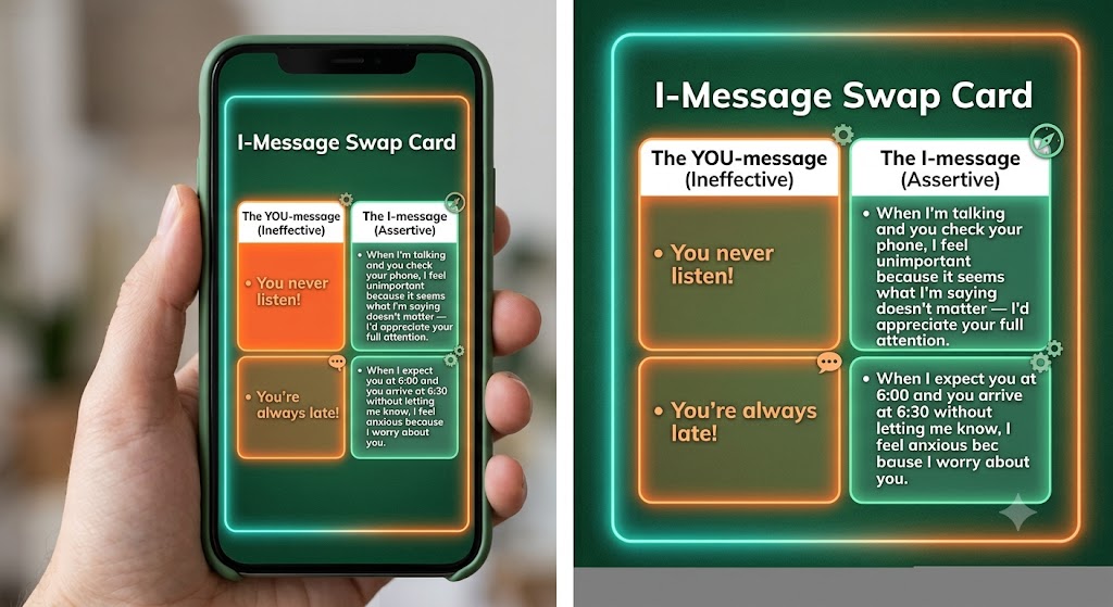 I-Message Swap Card: left column labeled The YOU-message (Ineffective) shows You never listen! and You're always late! Right column labeled The I-message (Assertive) shows the rewrites — When I'm talking and you check your phone, I feel unimportant because it seems what I'm saying doesn't matter — I'd appreciate your full attention. When I expect you at 6:00 and you arrive at 6:30 without letting me know, I feel anxious because I worry about you.