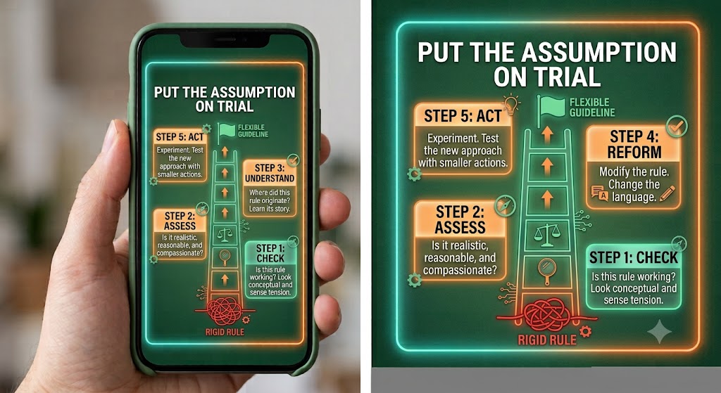 Put the assumption on trial: a five-rung ladder graphic climbing from a tangled rigid rule at the bottom through Step 1 Check (is this rule working?), Step 2 Assess (is it realistic, reasonable, and compassionate?), Step 3 Understand (where did this rule originate?), Step 4 Reform (modify the rule, change the language), Step 5 Act (experiment, test the new approach with smaller actions) up to a flexible guideline flag at the top.