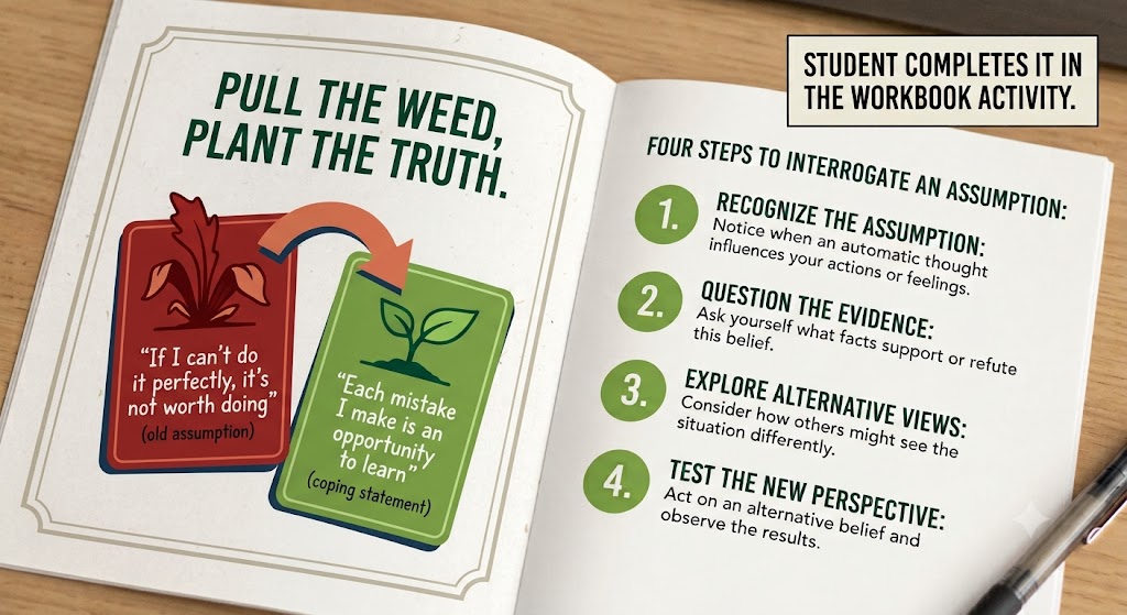 Pull the weed, plant the truth. An open workbook showing a swap graphic: a red card reading 'If I can't do it perfectly, it's not worth doing' (old assumption) with a curved orange arrow flipping it to a green card reading 'Each mistake I make is an opportunity to learn' (coping statement). The right page lists four steps to interrogate an assumption.