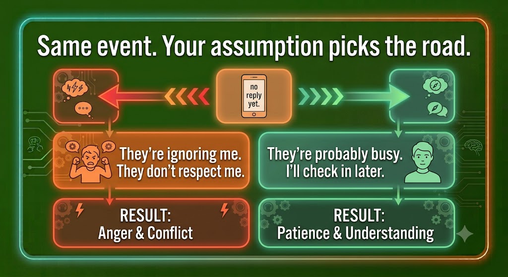 Same event: a phone showing no reply yet. Two paths diverge. Left path: 'They're ignoring me. They don't respect me.' Result: anger and conflict. Right path: 'They're probably busy. I'll check in later.' Result: patience and understanding. Caption: Same event. Your assumption picks the road.