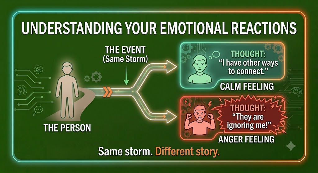 Understanding your emotional reactions: the same event, two people, two very different thoughts and two very different feelings. One thinks 'I have other ways to connect' and feels calm; the other thinks 'They are ignoring me!' and feels anger. Same storm. Different story.