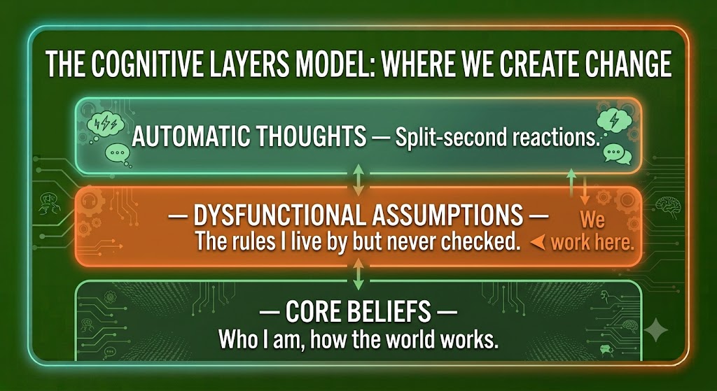 The cognitive layers model: where we create change. Automatic thoughts at the top (split-second reactions). Dysfunctional assumptions in the highlighted middle band (the rules I live by but never checked &mdash; we work here). Core beliefs at the bottom (who I am, how the world works).