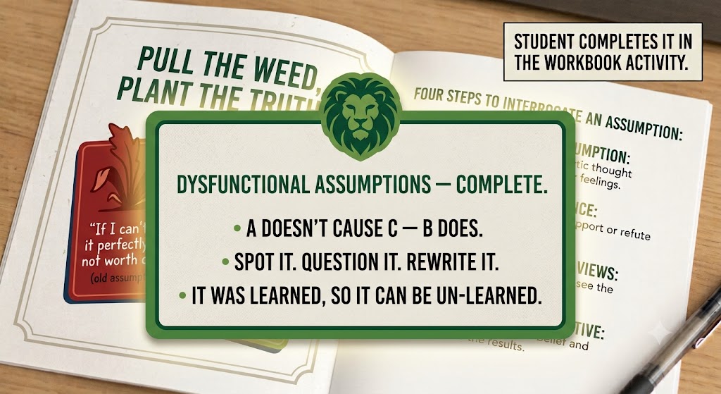 Dysfunctional Assumptions &mdash; complete. TAMER lion logo at top center. Three takeaways: A doesn't cause C &mdash; B does. Spot it. Question it. Rewrite it. It was learned, so it can be un-learned.