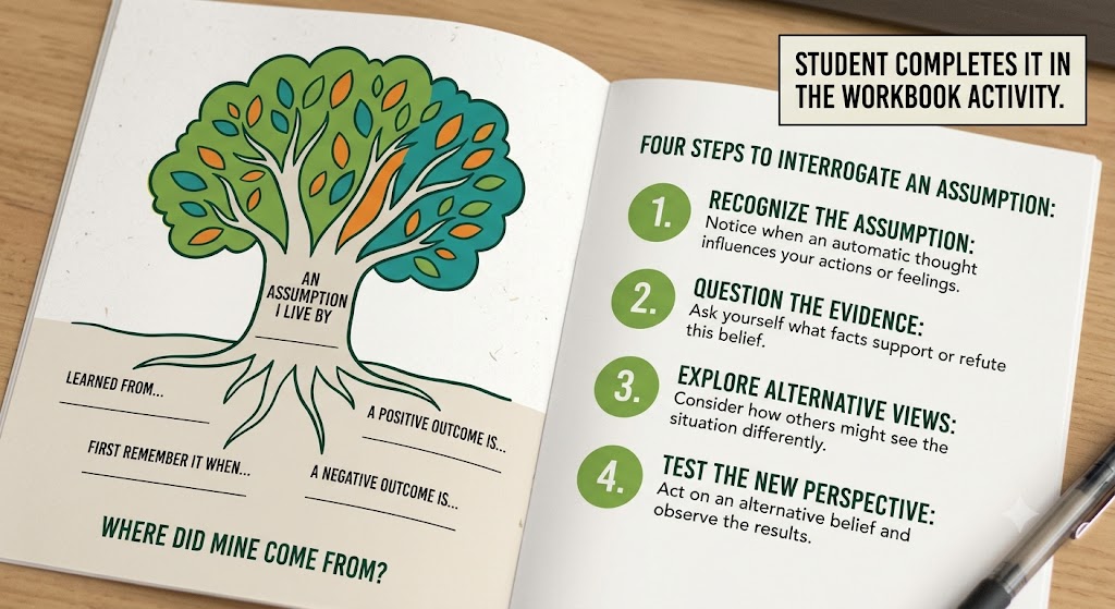 Where did mine come from? An open workbook showing a tree-roots illustration on the left page labeled 'An Assumption I Live By' with fill-in lines for learned from, first remember it when, a positive outcome, and a negative outcome. The right page lists four steps to interrogate an assumption: recognize it, question the evidence, explore alternative views, test the new perspective.