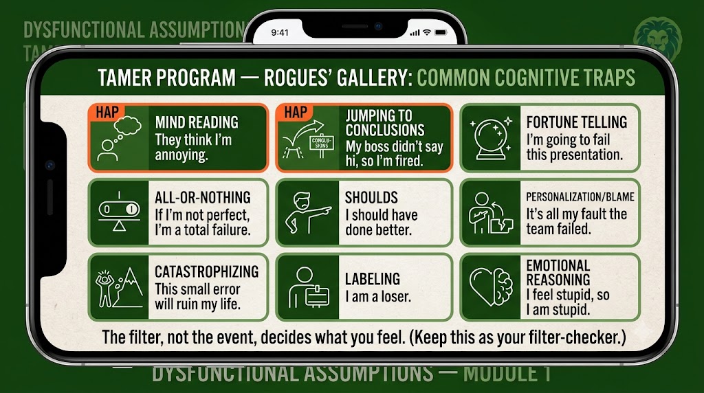 Rogues' Gallery grid of nine thinking errors: Mind Reading (HAP), Jumping to Conclusions (HAP), Fortune Telling, All-or-Nothing, Shoulds, Personalization/Blame, Catastrophizing, Labeling, Emotional Reasoning. Each tile shows a short example. The two HAP tiles are highlighted in orange.