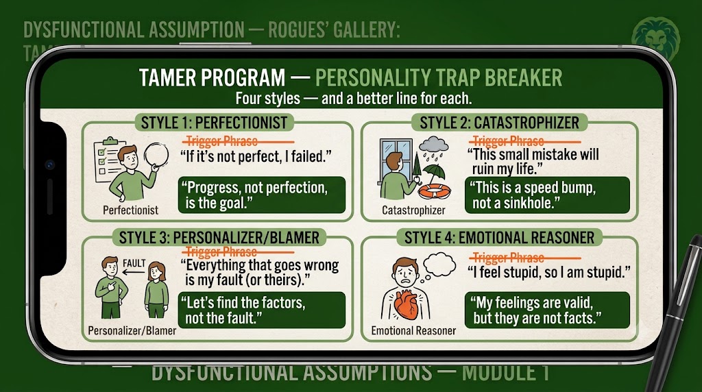Four-panel card showing four thinking styles — Perfectionist, Catastrophizer, Personalizer/Blamer, Emotional Reasoner — each with a trigger phrase crossed out in orange and a better replacement line below it. Title: Four styles — and a better line for each.