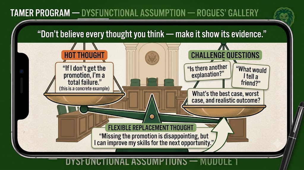 A courtroom balance scale: a hot thought on one pan ('If I don't get the promotion, I'm a total failure'), challenge questions on the other ('Is there another explanation?' / 'What would I tell a friend?' / 'What's the best case, worst case, and realistic outcome?'), and a flexible replacement thought emerging at the bottom. Caption: Don't believe every thought you think — make it show its evidence.