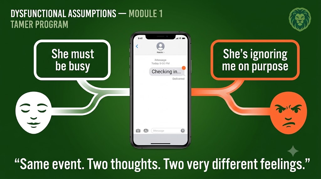 A phone showing an unanswered message, with two thought-bubbles branching off it — left bubble says 'She must be busy' leading to a calm face; right bubble says 'She's ignoring me on purpose' leading to an angry face. Caption: Same event. Two thoughts. Two very different feelings.
