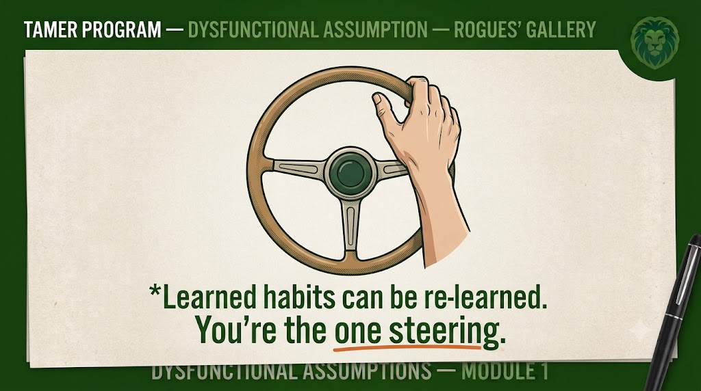 A hand on a steering wheel with the text: Learned habits can be re-learned. You're the one steering.