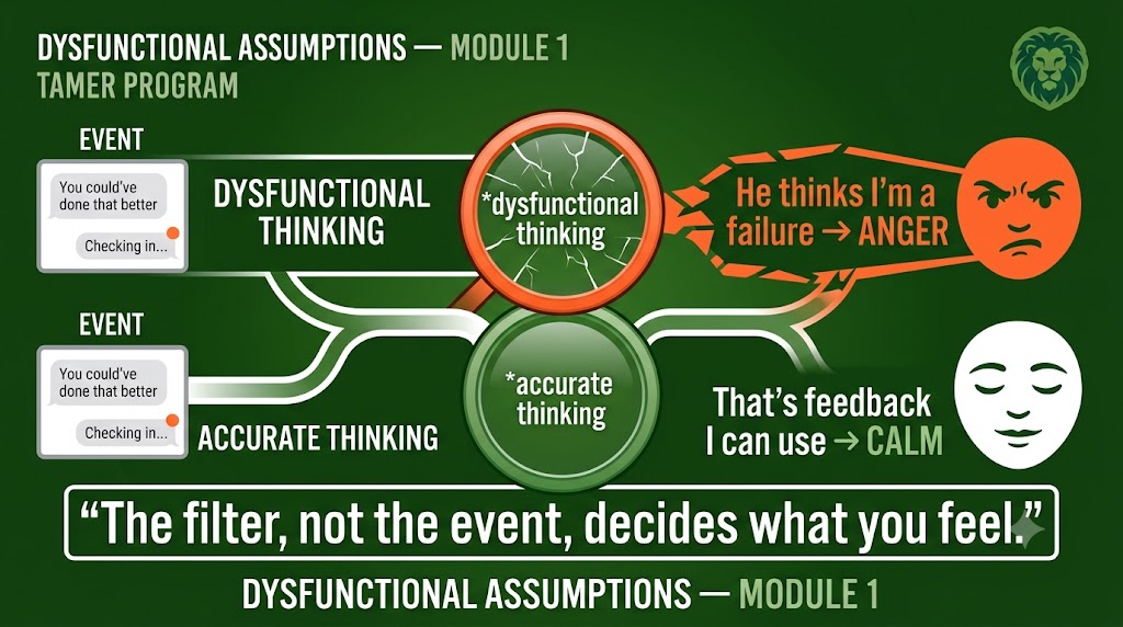 Two paths from the same event — one passing through a cracked lens labeled 'dysfunctional thinking' and coming out as 'He thinks I'm a failure → ANGER'; the other through a clear lens labeled 'accurate thinking' and coming out as 'That's feedback I can use → calm'. Caption: The filter, not the event, decides what you feel.