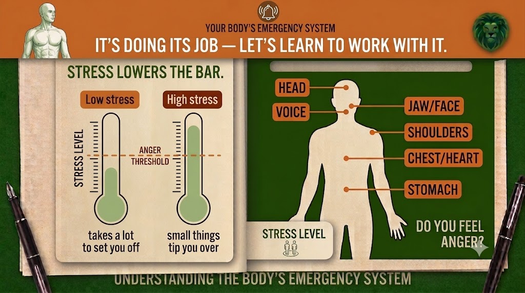 Your body's emergency system: a stress thermometer showing how high stress lowers your anger threshold, beside a body outline asking where you feel anger.