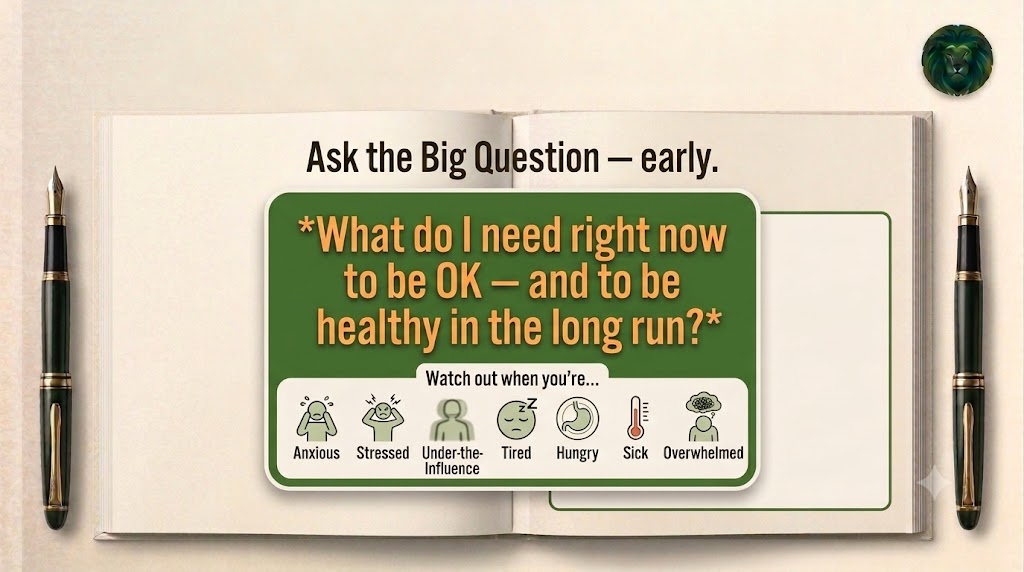 Ask the Big Question, early: What do I need right now to be OK, and to be healthy in the long run? Watch out when you're anxious, stressed, under the influence, tired, hungry, sick, or overwhelmed.