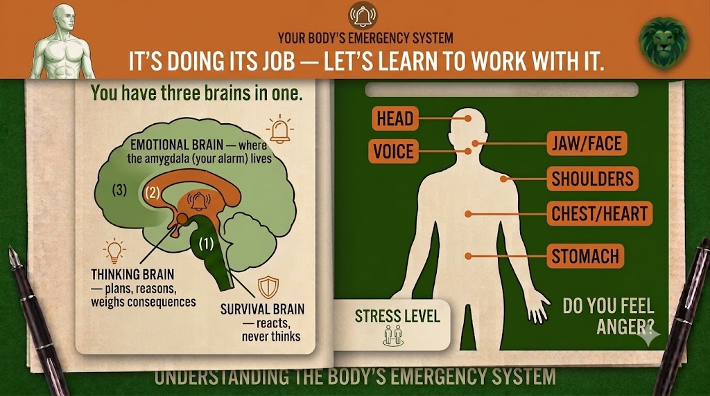 You have three brains in one: the survival brain (reacts, never thinks), the emotional brain where the amygdala alarm lives, and the thinking brain that plans and weighs consequences.