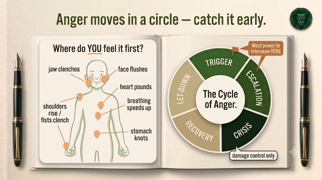 Where do YOU feel it first: a body outline with early-warning signs (jaw clenches, face flushes, heart pounds, breathing speeds up, shoulders rise, stomach knots). Beside it, the cycle of anger wheel: trigger, escalation, crisis, recovery, let-down, with the most power to intervene at trigger and escalation.