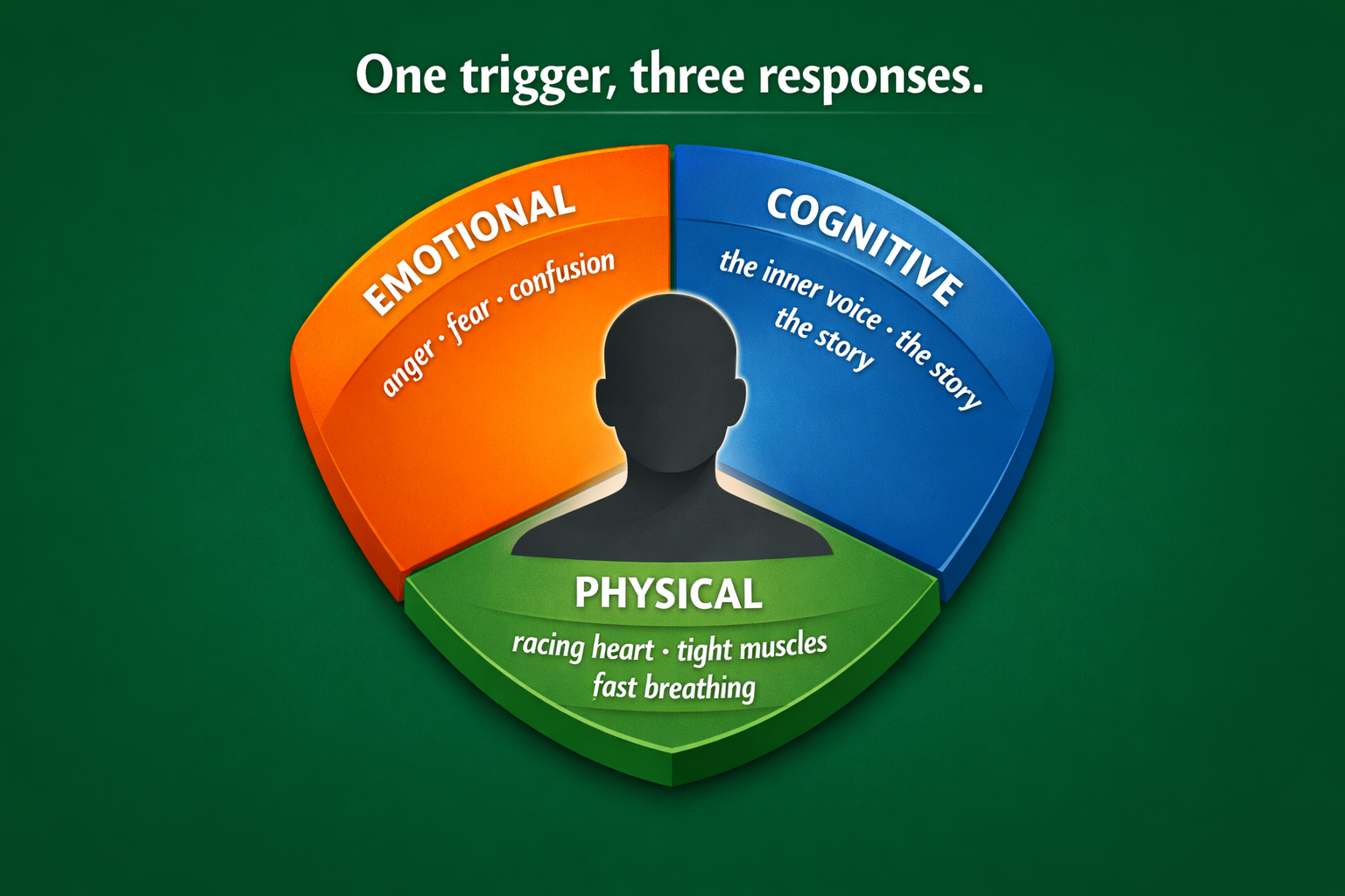 A three-part wheel with a person's silhouette at the center. Three segments: EMOTIONAL (anger, fear, confusion), COGNITIVE (the inner voice, the story), PHYSICAL (racing heart, tight muscles, fast breathing). Title: One trigger, three responses.