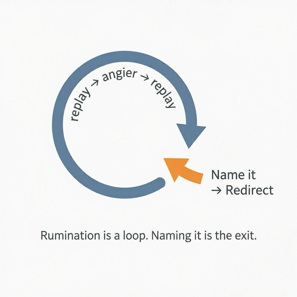 A circular arrow loop labeled replay, angrier, replay, with one orange exit arrow breaking out of the circle labeled Name it, then Redirect. Caption: Rumination is a loop. Naming it is the exit.