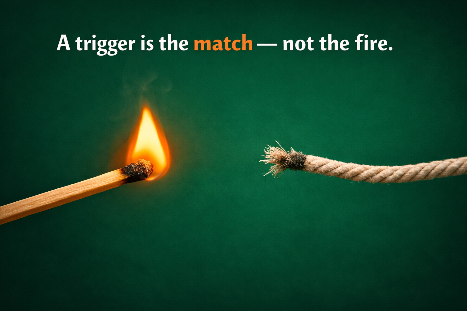 A lit match pointing toward an unlit rope fuse against a dark green background. Text reads: A trigger is the match — not the fire.