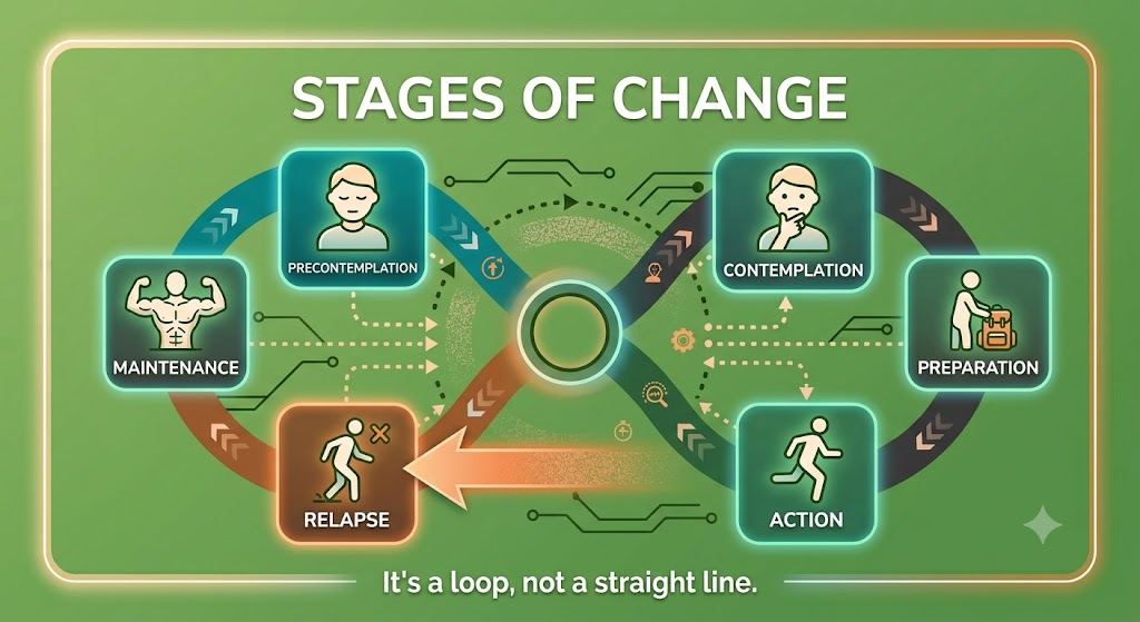 A circular Stages of Change cycle with six stations — Precontemplation, Contemplation, Preparation, Action, Maintenance — and Relapse shown as an arrow that loops back into the cycle. Caption: It's a loop, not a straight line.