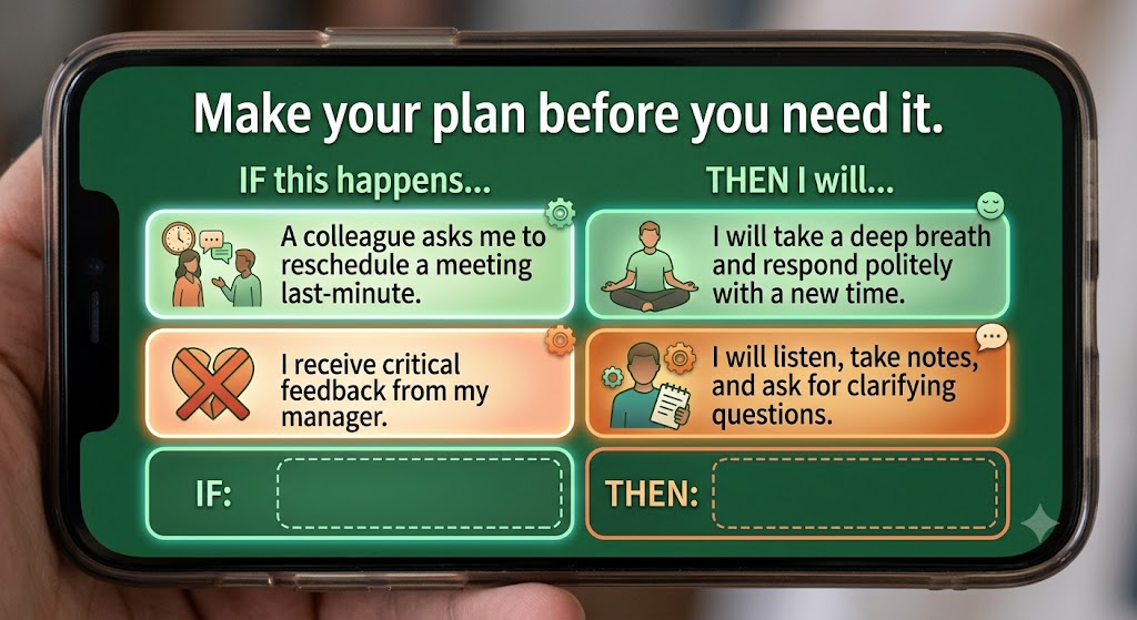 A phone-screen card titled Make your plan before you need it, showing a two-column IF this happens / THEN I will template with two filled-in examples and one blank row.