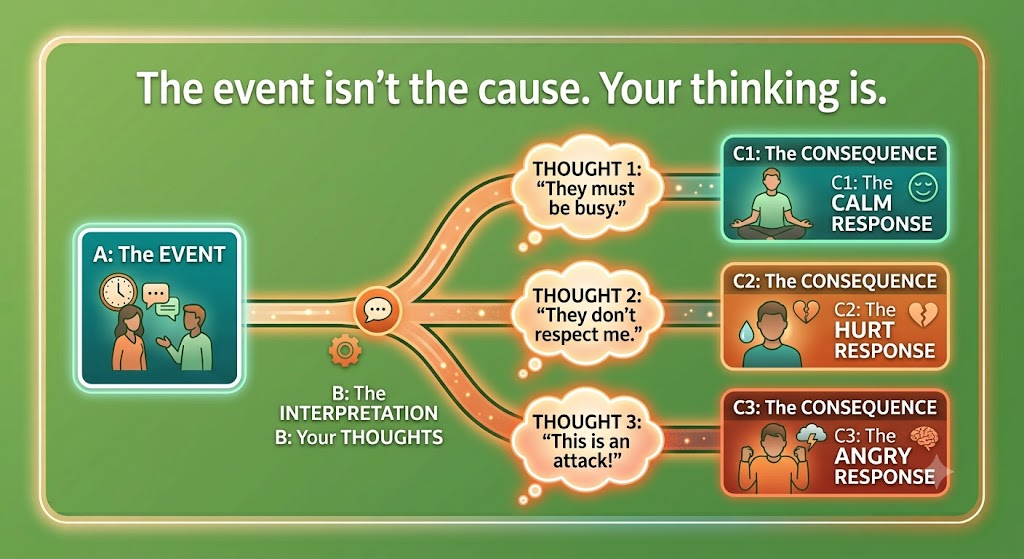A flow diagram: A: The EVENT branches at B: Your THOUGHTS into three thought-bubbles — They must be busy, They don't respect me, This is an attack — each leading to a different consequence: calm, hurt, or angry. Title: The event isn't the cause. Your thinking is.
