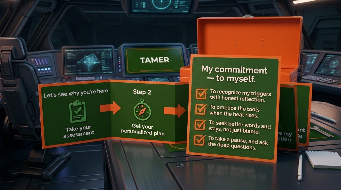 My commitment — to myself: four checkboxes listing recognizing triggers, practicing tools, seeking better words, taking a pause. Beside it: the first two steps of the program path — Take your assessment, Get your personalized plan.