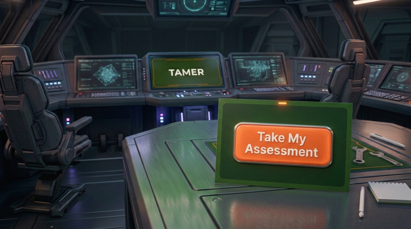 A green card on the TAMER mission-control desk with an orange button reading: Take My Assessment.