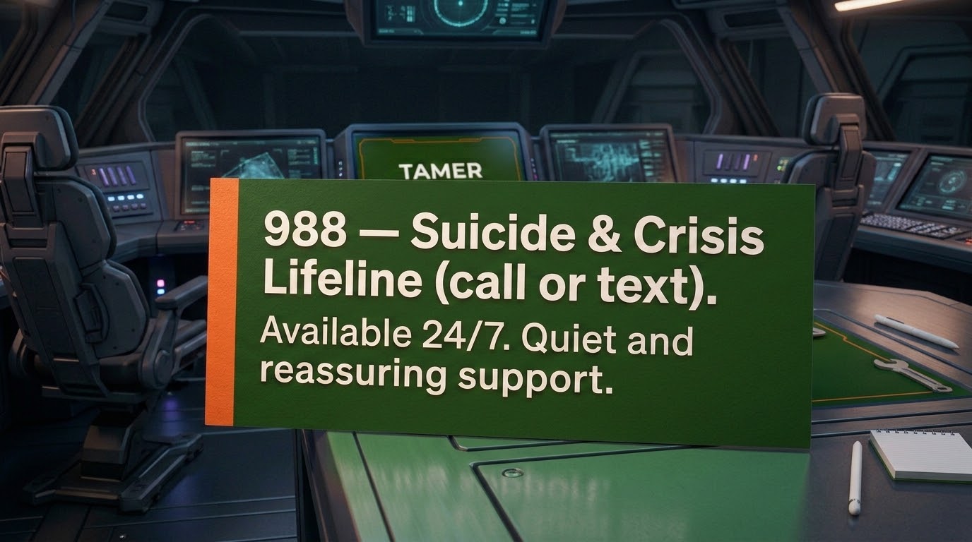 988 — Suicide and Crisis Lifeline (call or text). Available 24/7. Quiet and reassuring support.
